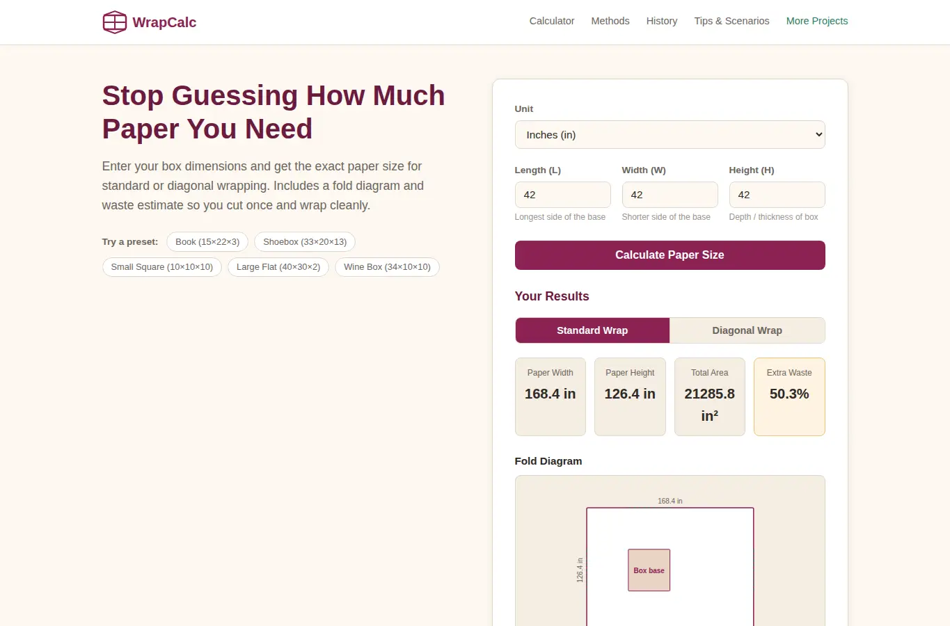 Screenshot of WrapCalc: Gift Wrapping Paper Size Calculator interface showing the project page in use